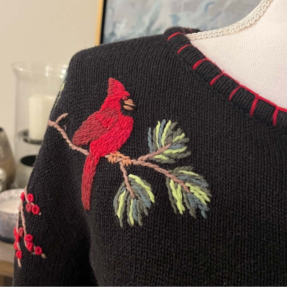 Coldwater Creek Cardinal Embroidered Black Cardigan Small S Button Sweater - Picture 2 of 8
